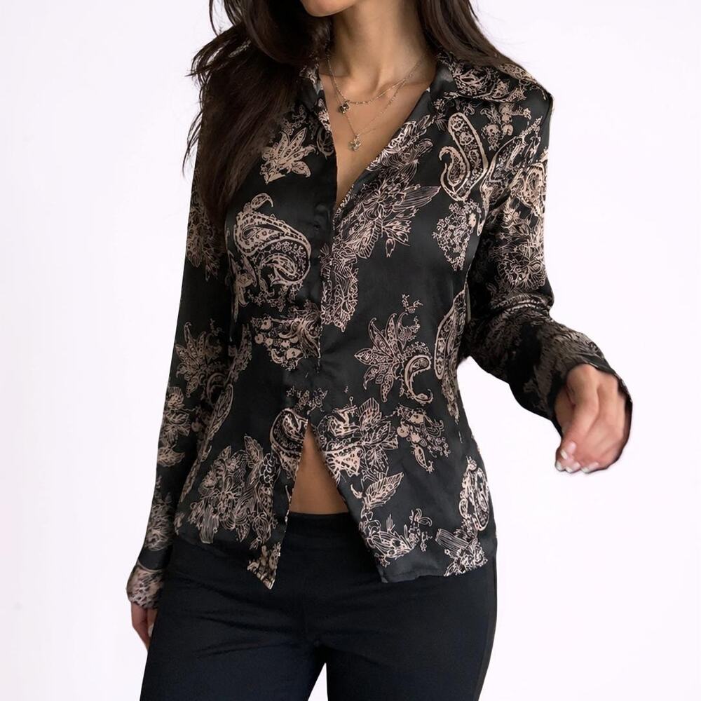 Vintage Fred David Black Paisley Satin Sheer Button Blouse Small
